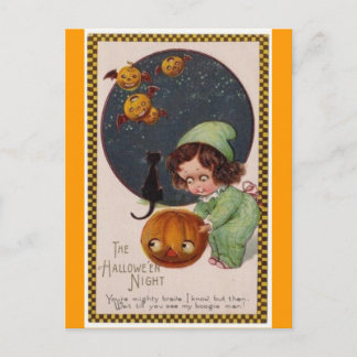 vintage-little-girl-flying-pumpkins-black-cat-card postcard
