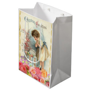 Vintage Little Girl Happy Easter Eggs Medium Gift Bag