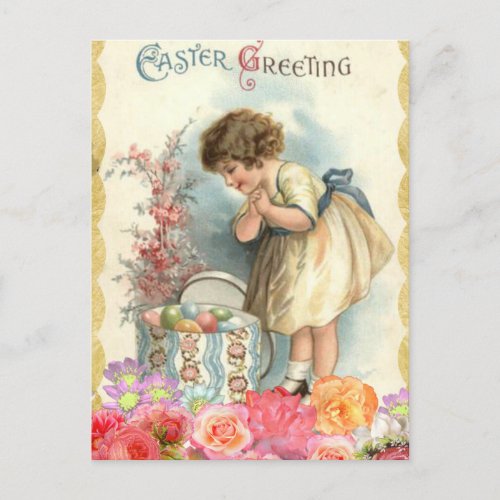 Vintage Little Girl Happy Easter Eggs Postcard