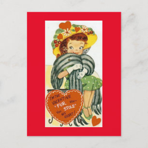 Vintage Little Girl in Mink Stole 1950's Valentine Postcard