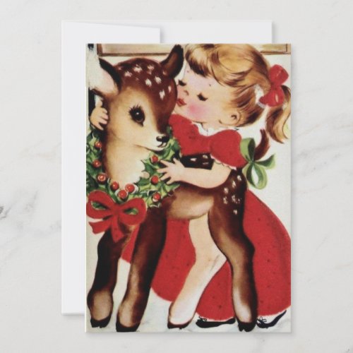Vintage Little Girl Kissing Baby Christmas Deer Holiday Card