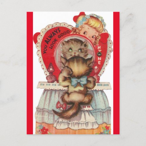 Vintage Little Girl  Kitten 1950s Valentine Postcard