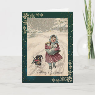 Vintage Little Girl Pets Snowflakes Holiday Card