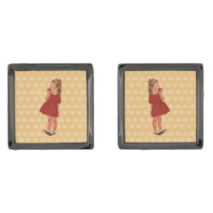 Vintage Little Girl Red Dress Apple Cufflinks