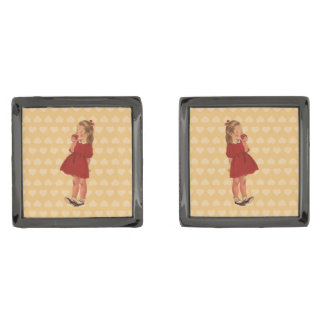 Vintage Little Girl Red Dress Apple Cufflinks