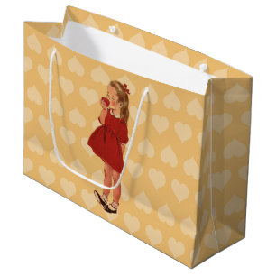 Vintage Little Girl Red Dress Apple Large Gift Bag
