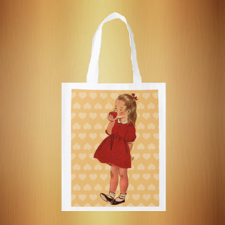 Vintage Little Girl Red Dress Apple Reusable Grocery Bag