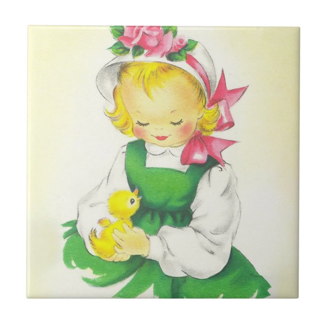 Vintage Little Girl Retro Cute Ceramic Tile (Front)