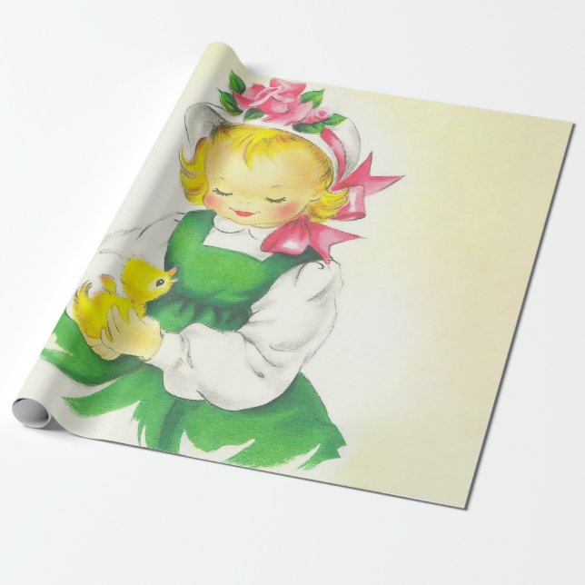 Vintage Little Girl Retro Cute Wrapping Paper (Unrolled)