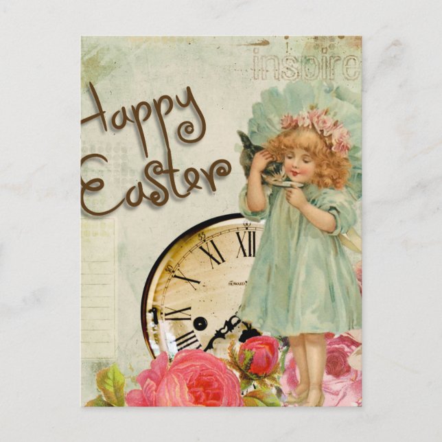 Vintage Little Girl Roses Easter Postcard (Front)