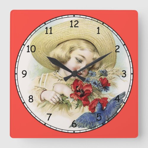 Vintage Little Girl Smelling Flowers Square Wall Clock