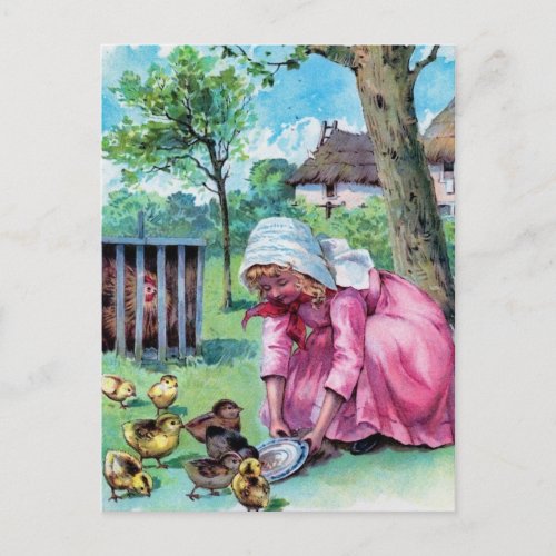 Vintage Little Girl With  Baby Chicks Postcard
