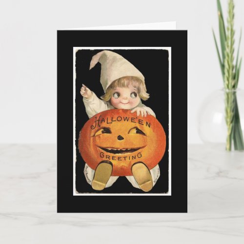 Vintage Little Girl with Big Halloween Pumpkin Card