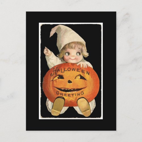Vintage Little Girl with Big Halloween Pumpkin Postcard