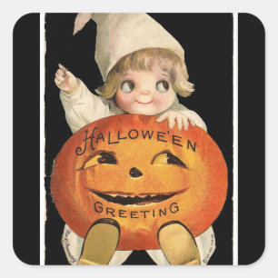 Vintage Little Girl with Big Halloween Pumpkin Square Sticker
