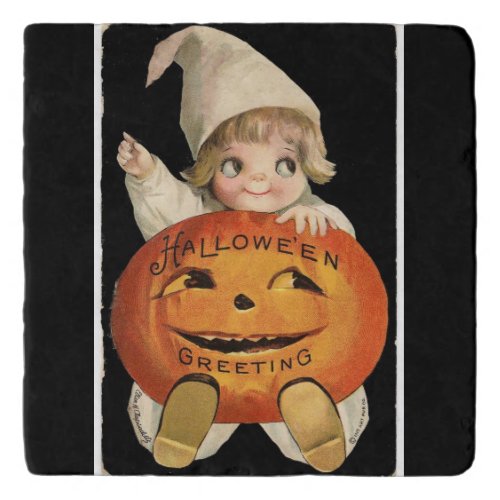 Vintage Little Girl with Big Halloween Pumpkin Trivet