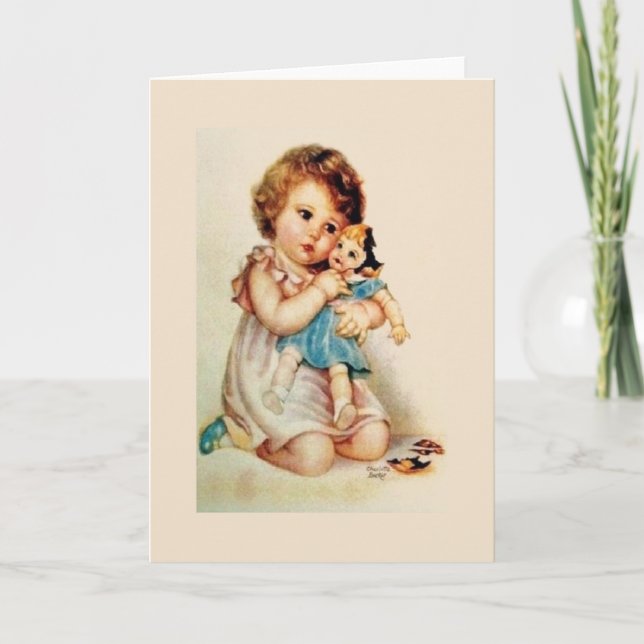 Vintage Little Girl with Broken Doll Note Card (Front)