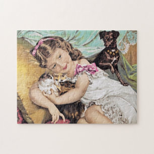 Vintage Little Girl with Kittens and Dog Jigsaw Puzzle