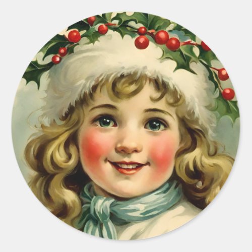 Vintage little girl  with  mistletoe classic round sticker