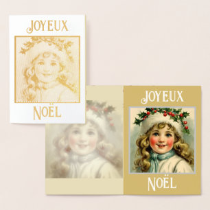 Vintage little girl  with  mistletoe foil card