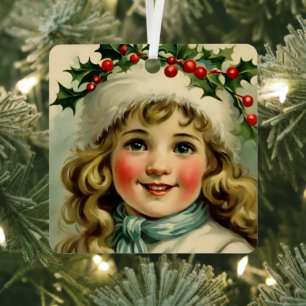 Vintage little girl  with  mistletoe metal ornament