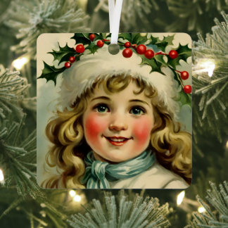 Vintage little girl with mistletoe metal ornament