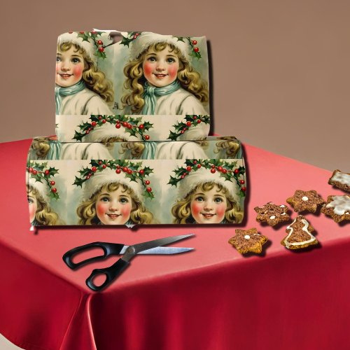 Vintage little girl  with  mistletoe wrapping paper