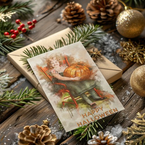 Vintage Little Girl With Pumpkin Watercolor Holiday Card