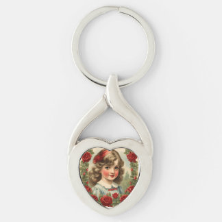 Vintage little girl with roses keychain