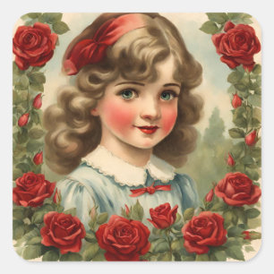Vintage little girl with roses square sticker