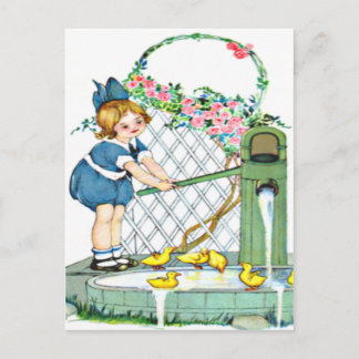 Vintage little girl, yellow chicks, ducks postcard
