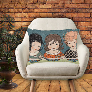 Vintage Little Girls Eating Soup Three Sisters Decorative Pillow