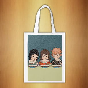 Vintage Little Girls Eating Soup Three Sisters Grocery Bag