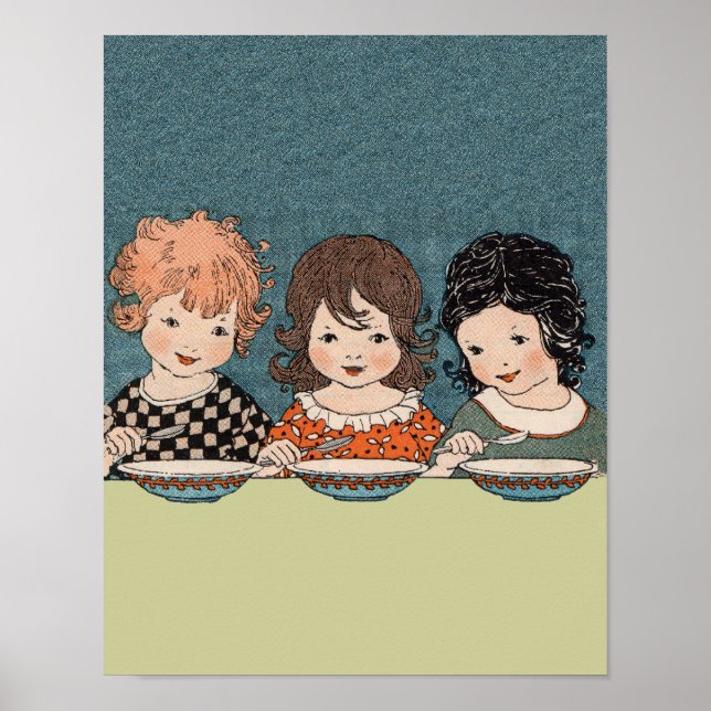 Vintage Little Girls Eating Soup Three Sisters Poster (Front)