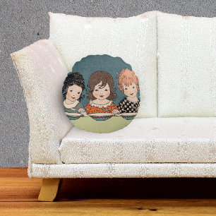 Vintage Little Girls Eating Soup Three Sisters Round Pillow