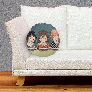 Vintage Little Girls Eating Soup Three Sisters Round Pillow