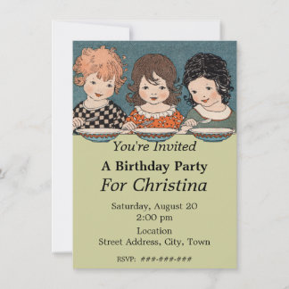 Vintage Little Girls Three Sisters Birthday Invitation