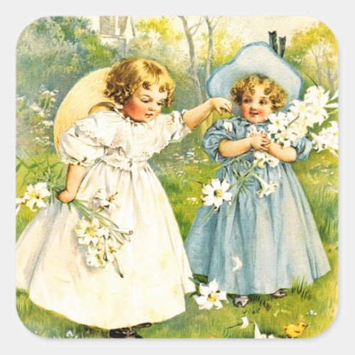 Vintage Little Girls with Chicks Easter  Square Sticker
