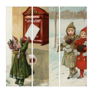 Vintage little girls with parcels and letters triptych