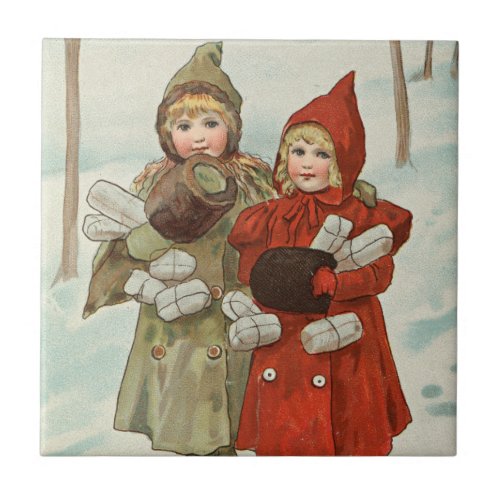 Vintage Little Girls with parcels  Ceramic Tile