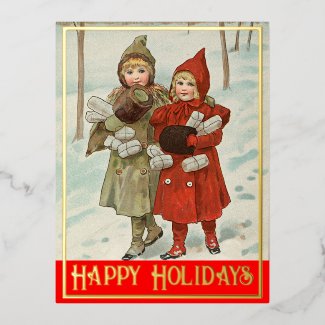Vintage Little Girls with parcels  - golden Foil H