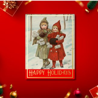 Vintage Little Girls with parcels  - golden Foil H