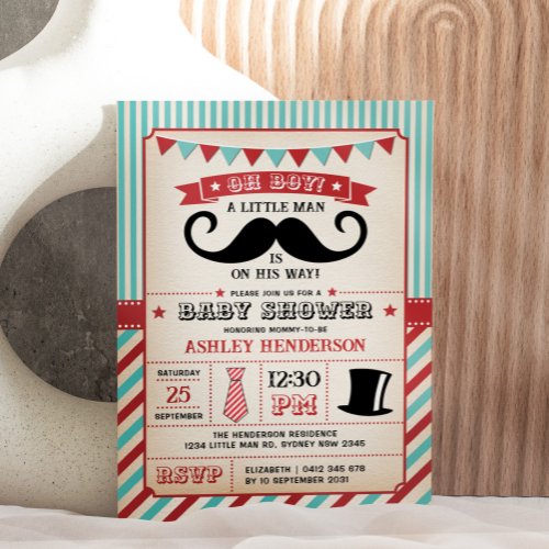 Vintage Little Man Mustache Boy Baby Shower Invitation