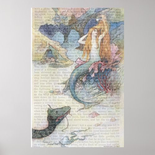 Vintage Little Mermaid Fairy Tale Illustration Pos Poster