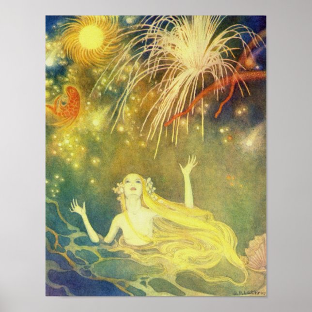 Vintage Little Mermaid Under the Sea Nursery Art Poster