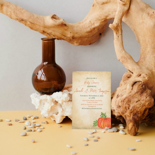 Vintage Little Pumpkin Orange Greenery Baby Shower Invitation (Creator Uploaded)