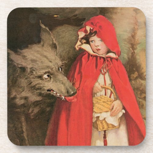 Vintage Little Red Riding Hood and Big Bad Wolf Beverage Coaster