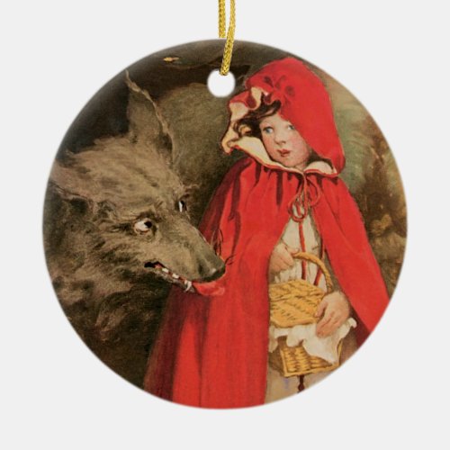 Vintage Little Red Riding Hood and Big Bad Wolf Ceramic Ornament