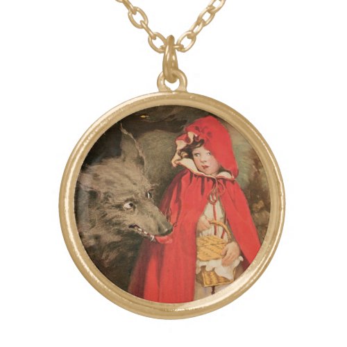 Vintage Little Red Riding Hood and Big Bad Wolf Gold Plated Necklace