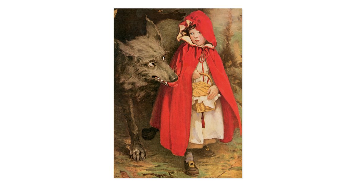 LITTLE RED RIDING HOOD and Starry howling WOLF Russian Unposted Postcard